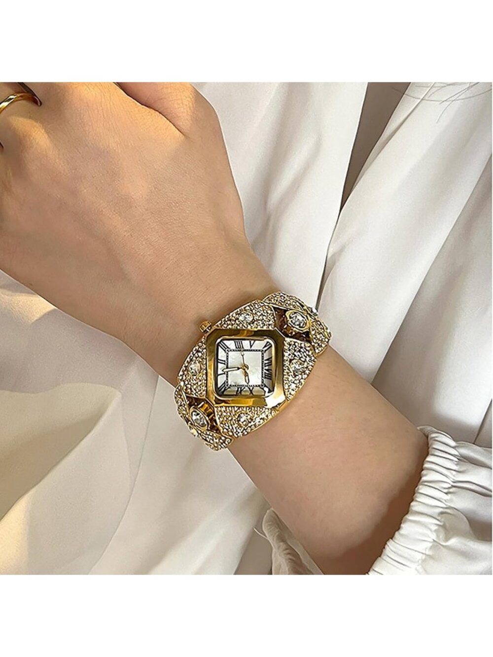 Women's Gold White Rhombic Square Rhinestone Bracelet Roman Numerals Dial Watch - Picture 2 of 7